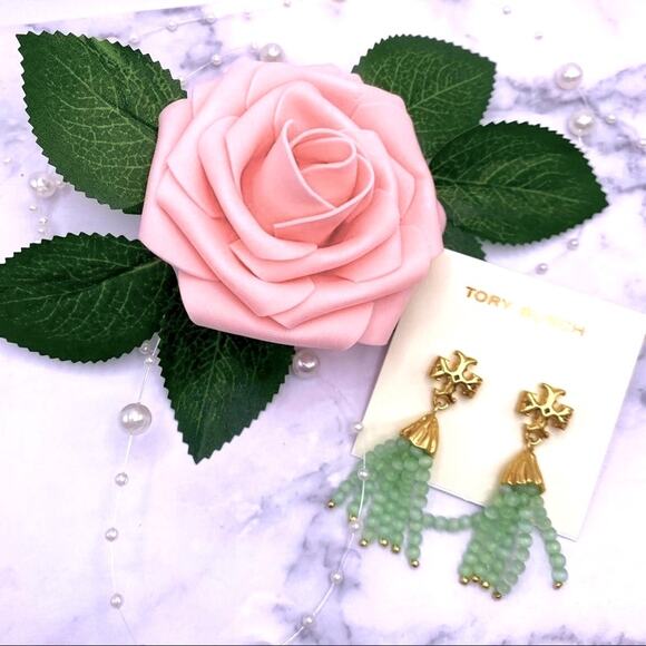 NWOT Tory Burch Gold Roxanne,Mint Green Beaded Dangle Stud Earings - Picture 6 of 7